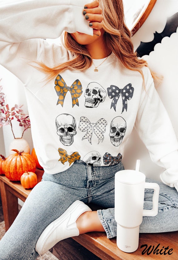 Halloween Shirts, Skeleton Skull Black Bow Sweatshirt, Retro Halloween Shirt, Halloween Women's, Costume, Fall Sweater, Spooky Season