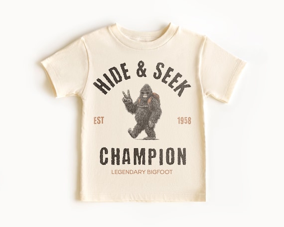 Funny Bigfoot Toddler Shirt | Hide and Seek Champion | Kids Retro Big Foot TShirt - Retro Vintage Sasquatch Monster Infant, Child Hiking Tee