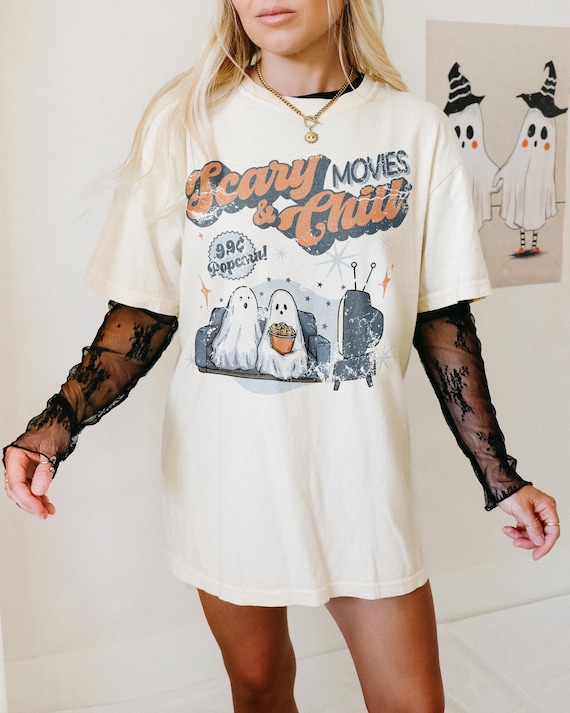 Scary Movies and Chill Halloween Shirt, vintage inspired trendy Halloween graphic tee, women mom Halloween tee