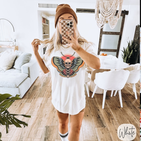 Skull Tattoo Shirt, Vintage Moth Butterfly TShirt, Rocker Tee, Moth Tee, Tattoos Tee, Trending Gifts, Rock and Roll Retro Gift