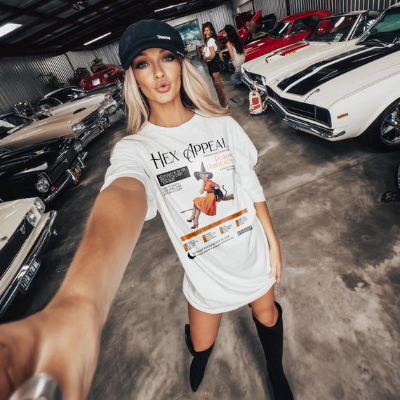 Halloween Witch Shirt – Hex Appeal, Retro Pin-Up Witch on Broom T-Shirt | Halloween Cat Tee | Witchy Vintage Halloween Top