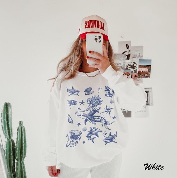 Vintage 90s Tattoo Shark Mermaid T-Shirt: Retro Ocean Nature Unisex Tee