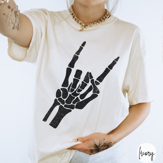 Y2K Skeleton Hand Rock On Graphic T-Shirt - Oversized Retro Tee