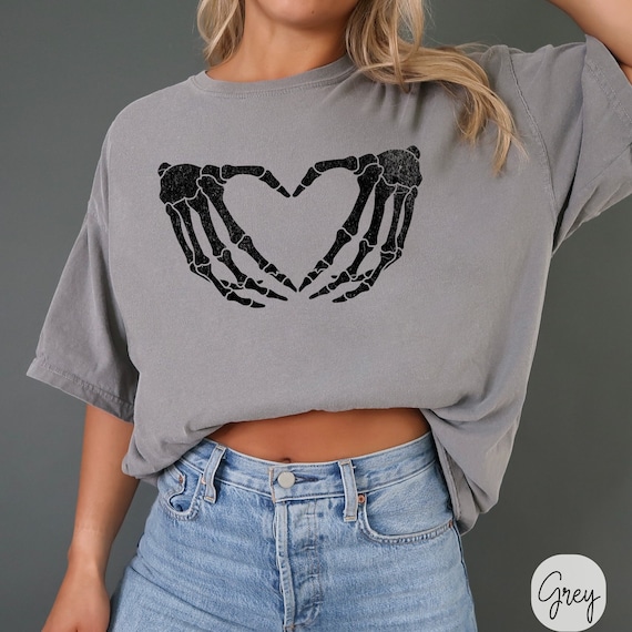 Skeleton Hand Heart Graphic Tee - Comfort Colors Oversized Spooky Shirt