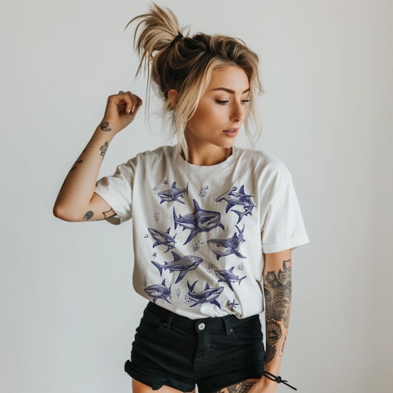 Vintage 90s Tattoo Shark T-Shirt: Retro Ocean Nature Tee