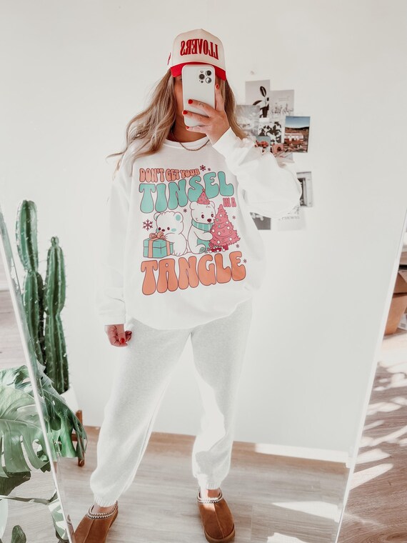 Girly Christmas TShirt Sweatshirt, Tinsel in a Tangle, Pink Santa Clause, Retro Winter, Family Christmas, Cute XMas, Youth, Unisex Adult