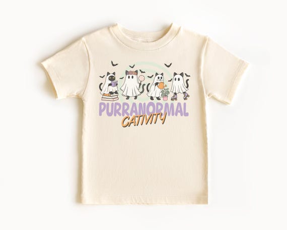 Purranormal Cativity Retro Ghost Cat T-Shirt - Funny Halloween Cat Graphic Tee - Spooky Cute Style Cat Shirt - Halloween Gift for Cat lovers