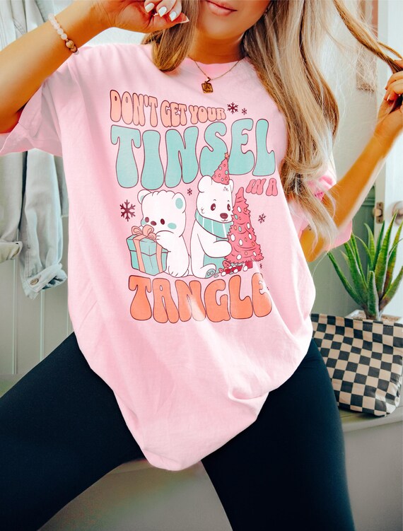 Girly Christmas TShirt Sweatshirt, Tinsel in a Tangle, Pink Santa Clause, Retro Winter, Family Christmas, Cute XMas, Youth, Unisex Adult