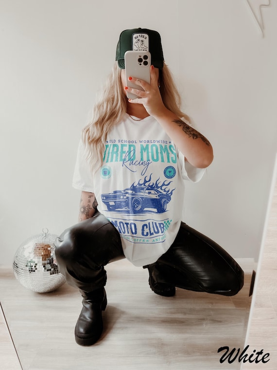 Tired Moms Moto Club Tee, trendy mom shirt, oversized tshirts, mom graphic tee