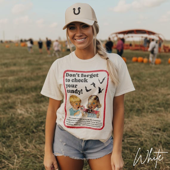 Don't Forget to Check Your Candy Halloween Tee, trendy aesthetic vintage inspired Halloween shirt, mom Halloween tee, Spooky retro 2025