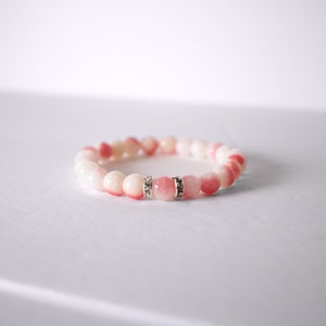 Blushing Rose and Peach Jade Energy Stone Round Beaded Bracelet, Gift, For Her, Genuine Gemstone Bracelet, Stretch Bracelet, Rhinestone, 8MM