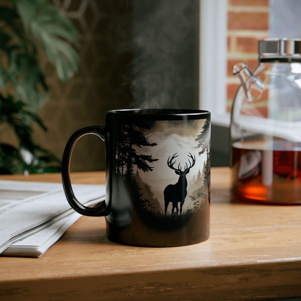 Monochrome Buck Mug | 11oz Black Mug | Gifts for hunters | Gifts for him | Gifts for her | Wildlife Mug | Giant Buck Mug | Deer Coffee Mug