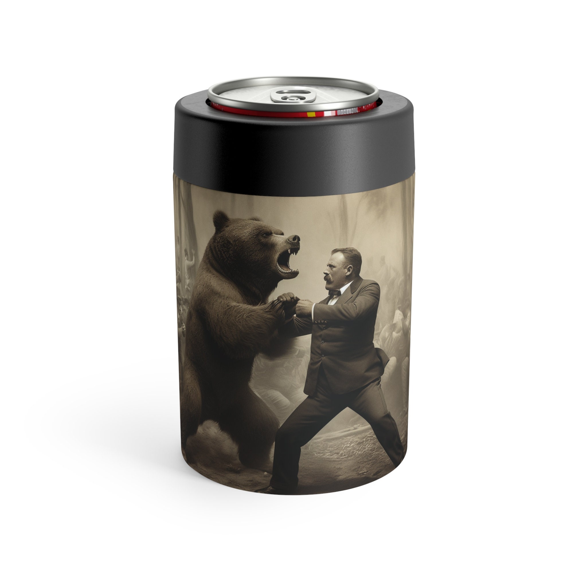 Teddy vs Grizzly Can Cooler - Can Holder - Teddy Roosevelt - Nature lovers gifts - Funny gifts - Gifts for him - Gifts for Her - Wilderness
