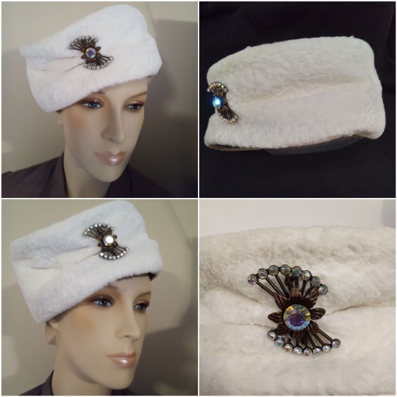 Barbara Dale ivory hat, midcentury hat, Faux Fur i