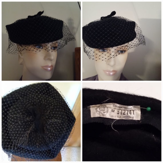Black felt 50's hat, black felt hat, midcentury h… - image 1