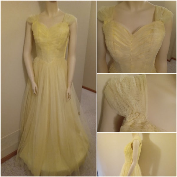 1950's Fred Perlgberg gowns, Tulle yellow dance gown, Fred Perlgberg Tulle formal party dress, yellow tulle 50's long dress, vintage dress