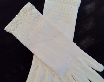 1960's Vintage never worn off white pearl beaded gloves, Pearl beaded off white gloves with beaded band on top of gloves, Bridal type gloves