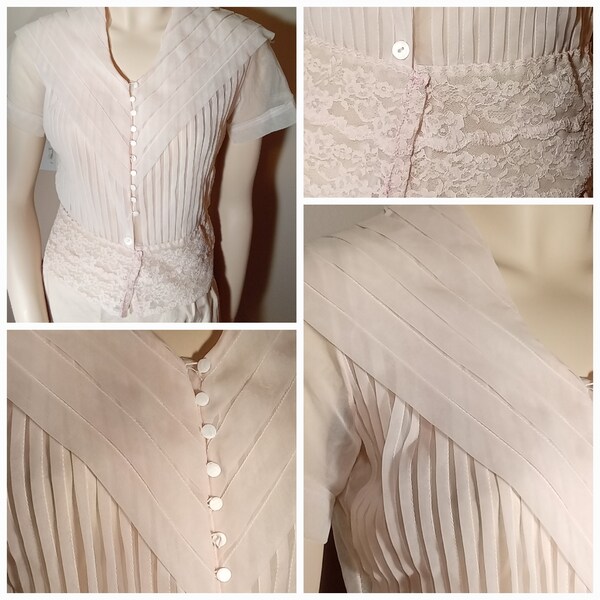 Women's Sheer light pink/blush blouse with pleated front and collar, Sheer women's pale pink blouse, Jo Lynn blouse 50's-60's, netting back.