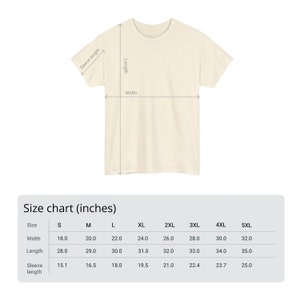 May include: Size chart for t-shirts in inches. The chart shows the width, length, and sleeve length for sizes S through 5XL.