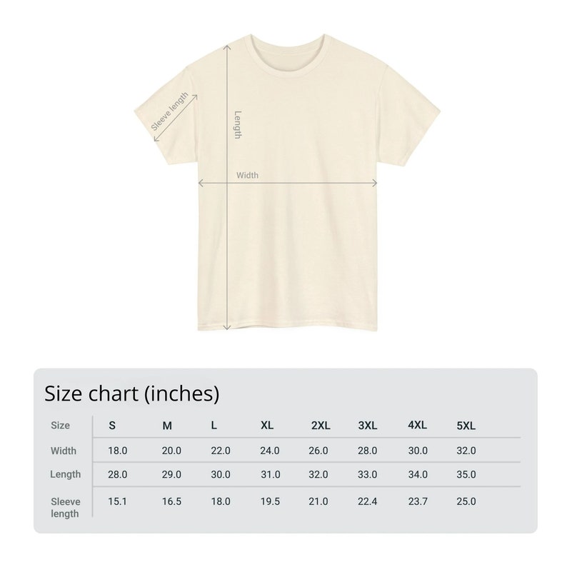 May include: Size chart for t-shirts in inches. The chart shows the width, length, and sleeve length for sizes S through 5XL.
