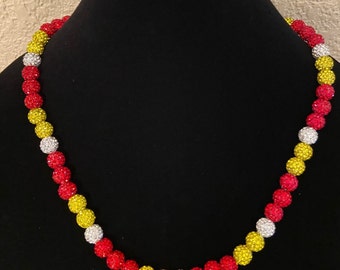 Yellow, Red, White Rhinestone Beaded Necklace | Kansas City Chiefs | Rhinestone Pollyanna Necklace | Beads In Stock | Other colors avail too