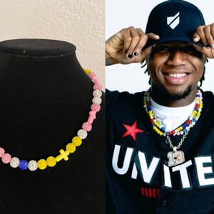 WITH CROSSES Ronald Acuna Jr Beaded Pollyanna Rhinestone Necklace Atlanta Braves New for 2024 CUSTOM colors/patterns also available image 1