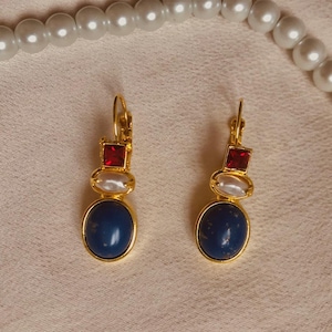 Earrings long hanging earrings stone baroque blue red gold natural stone crystal pearl vintage