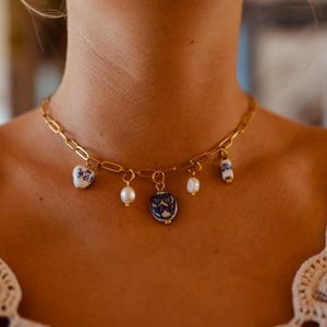Greek Charm Natural Crystal Freshwater Pearl Chain Pendant Gold Necklace Vintage Handmade Stainless Steel Choker Gold Turquoise Blue