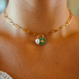 Charm Freshwater Pearl Chain Pendant Gold Necklace Vintage Summer Handmade Nacklace Short Stainless Steel Choker Green