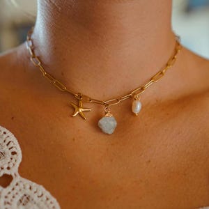 Charm Raw Stone Natural Crystal Starfish Freshwater Pearl Chain Pendant Gold Necklace Vintage Handmade Short Stainless Steel Choker Gold