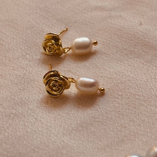 Süßwasserperle Blume Rose Filigran Natur Ohrringe echte Perle Gold Naturstein