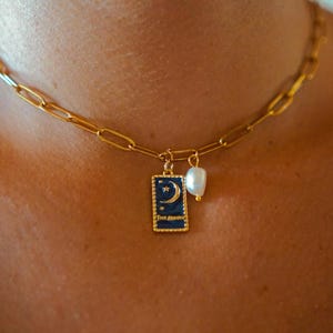 Charm Freshwater Pearl Chain Pendant Gold Necklace Vintage Summer Handmade Nacklace Short Stainless Steel Choker Blue Moon Stars Night Sky