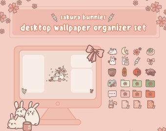 Sakura Bunnies Computer Desktop Organizer Set | Cute Aesthetic Wallpaper Background | Custom Icons for Mac and Windows