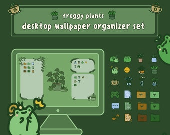 Froggy Plants Computer Desktop Organizer Set | Cute Green Aesthetic Wallpaper Background | Custom Icons for Mac and Windows