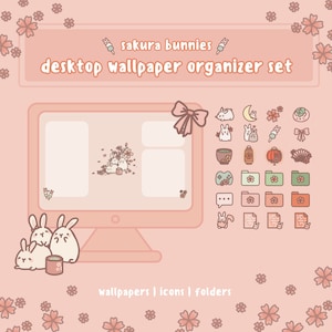 Sakura Bunnies Computer Desktop Organizer Set | Cute Aesthetic Wallpaper Background | Custom Icons for Mac and Windows
