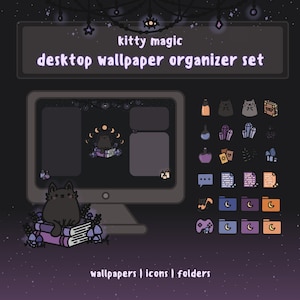 May include: A digital desktop wallpaper organizer set with a kitty magic theme. The set includes a computer monitor with a cat illustration, icons, and folders. The color palette is primarily purple, black, and white.