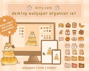 Kitty Cafe Computer Desktop Organizer Set | Cute Cozy Wallpaper Background | Custom Icons for Mac and Windows