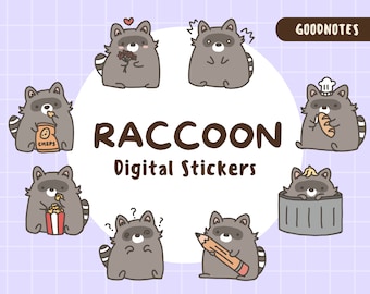 Cute Raccoon Digital Stickers | Precropped Goodnotes Sticker | Trash Panda Emoji | Daily Kawaii Icons for Planner and Notes | Animal PNG