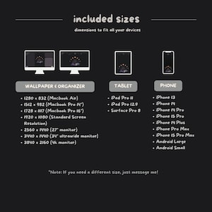 Może przedstawiać: Grafika z tekstem &bdquo;dołączone rozmiary&rdquo; i wymiarami urządzeń dla tapet i organizer&oacute;w, tablet&oacute;w i telefon&oacute;w. Zawiera rozmiary dla Macbook Air, Macbook Pro i r&oacute;żnych monitor&oacute;w. Wymienia r&oacute;wnież modele iPad Pro, Surface Pro i iPhone.