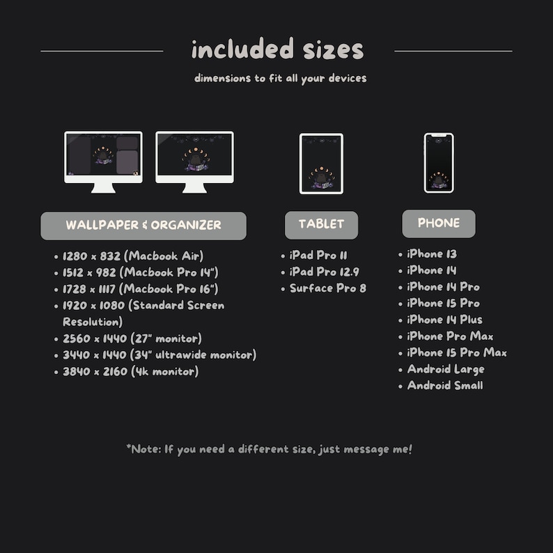 Może przedstawiać: Grafika z tekstem &bdquo;dołączone rozmiary&rdquo; i wymiarami urządzeń dla tapet i organizer&oacute;w, tablet&oacute;w i telefon&oacute;w. Zawiera rozmiary dla Macbook Air, Macbook Pro i r&oacute;żnych monitor&oacute;w. Wymienia r&oacute;wnież modele iPad Pro, Surface Pro i iPhone.