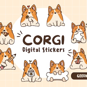 Pode incluir: Um conjunto de nove adesivos digitais com adoráveis Corgis de desenho animado em várias poses. Os adesivos são projetados para uso com o aplicativo Goodnotes e apresentam uma variedade de atividades, como comer pizza, segurar um lápis e dormir. O texto "CORGI Digital Stickers" é exibido no centro da imagem.