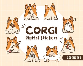 Leuke Corgi digitale stickers | Voorgesneden Goodnotes-stickers | Kawaii digitale planner | Stemming | Opmerkelijke stickers | Leuke Hond PNG