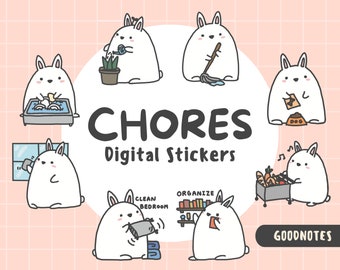 Klusjes Bunny digitale stickers | Huishoudelijk werk en boodschappen doen | Voorgesneden Goodnotes-stickervel | Kawaii digitale planner | Schattig konijn PNG