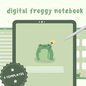 May include: A digital notebook with 9 templates featuring a green frog holding a yellow flower. The notebook is displayed on a tablet with a stylus.