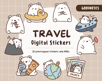 Cute Travel Bear Digital Stickers | Planning for Vacations, Holidays, Trips | Precropped Goodnotes Sticker Pack | Kawaii Hand Drawn PNGs