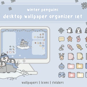 May include: A desktop wallpaper organizer set with a winter penguin theme. The set includes wallpapers, icons, and folders. The image features a computer screen with a winter scene and several penguin illustrations, snowflakes, and decorative icons.