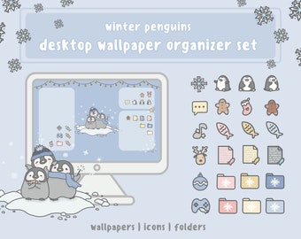 Winter Penguins Computer Desktop Organizer Set | Cute Aesthetic Wallpaper Background for Christmas | Custom Icon Pack for Mac and Windows