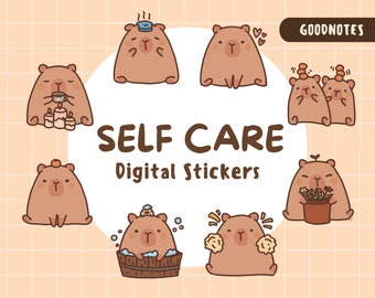 Leuke Capibara digitale stickers | Geestelijke gezondheid en zelfzorg | Voorgesneden Goodnotes-sticker | Dagelijkse Kawaii-pictogrammen voor Planner en Notities | PNG