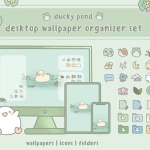 Ducky Pond Computer Desktop Organizer Set | Cute Aesthetic Wallpaper Background | Custom Icons for Mac and Windows
