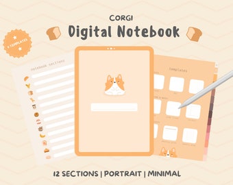 Cute Minimal Corgi Digital Notebook With Tabs | Hyperlinked Goodnotes Planner and Journal Templates | Kawaii Dog